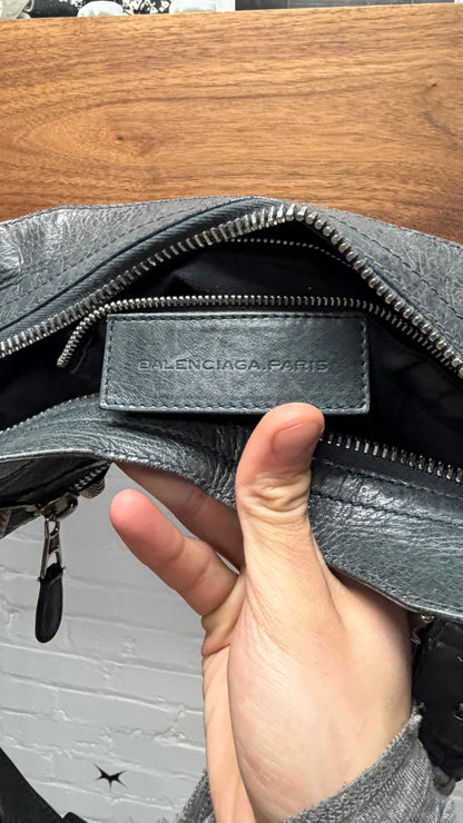 Balenciaga Faded Grey Lambskin Leather ‘Giant 21’ City Bag with Silver Hardware & Crossbody Strap