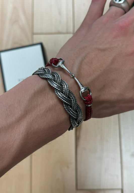 Gucci 925 Silver ‘Horsebit’ Charm Braided Leather Bracelet