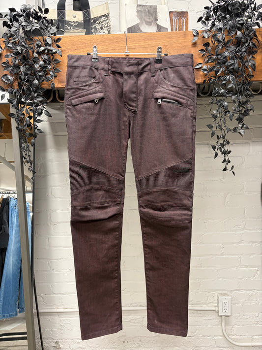 Balmain ‘Oxblood Red’ Waxed Biker Knee Skinny Jeans