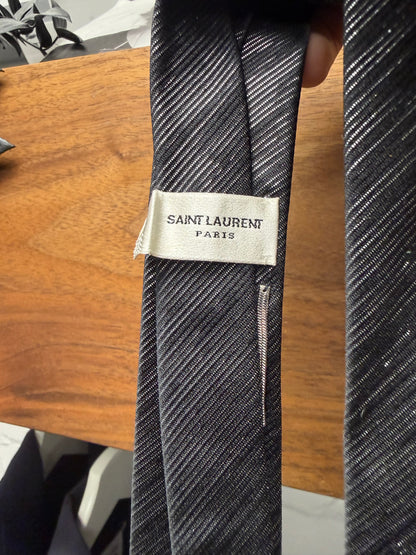 Saint Laurent Black/Silver Diagonal Striped Slim Tie