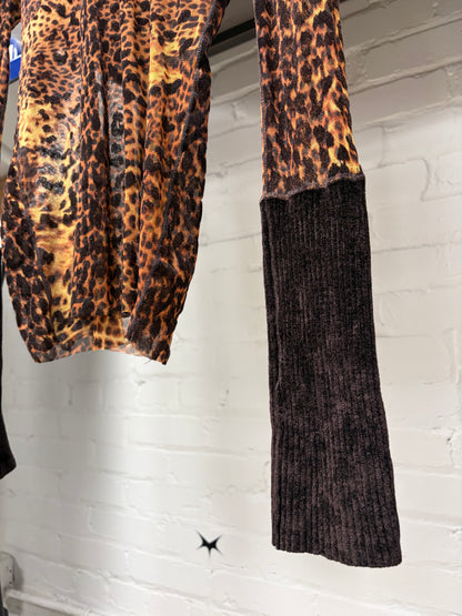 Vintage Jean Paul Gaultier Leopard Print Mesh Top with Velour Ribbed Sleeves