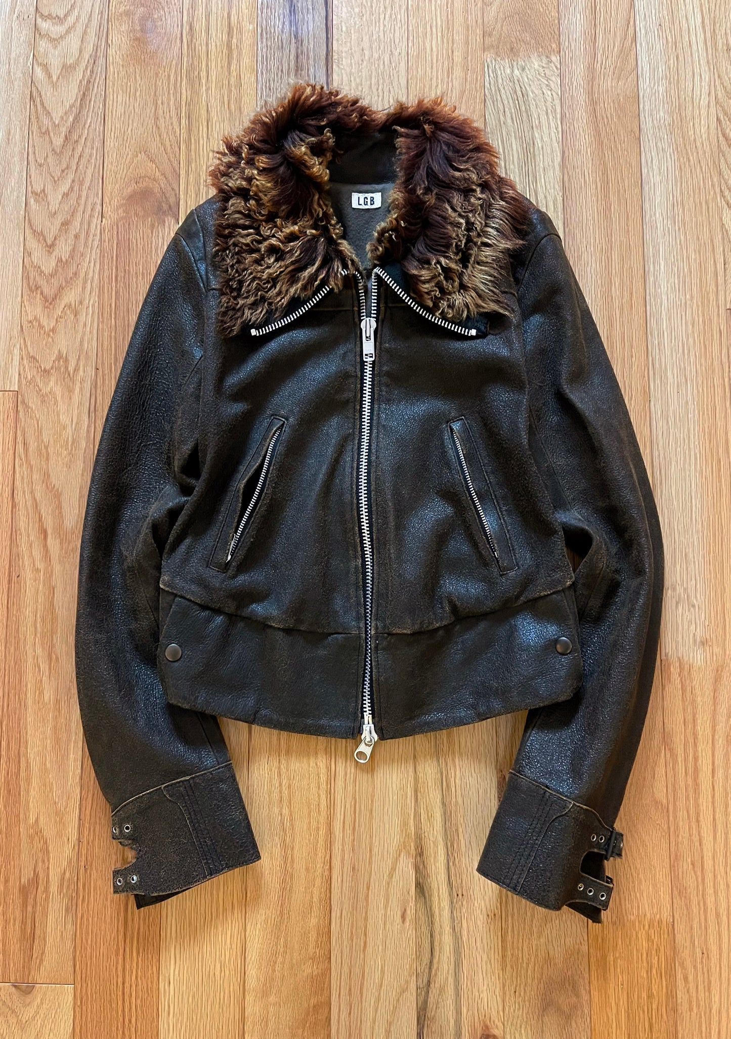 LGB Pebbled Lambskin Leather Fur Trim ‘Flight’ Jacket