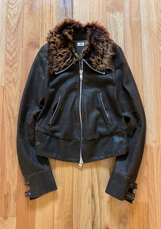 LGB Pebbled Lambskin Leather Fur Trim ‘Flight’ Jacket