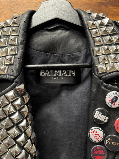 SS2011 Balmain Studded/Pin Patched Cape Back Leather Biker Jacket