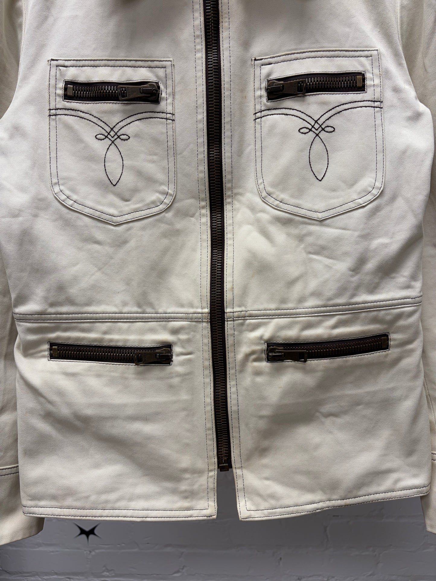 Mid 2000s Gucci by Frida Giannini Western Denim Cream White Work Jacket