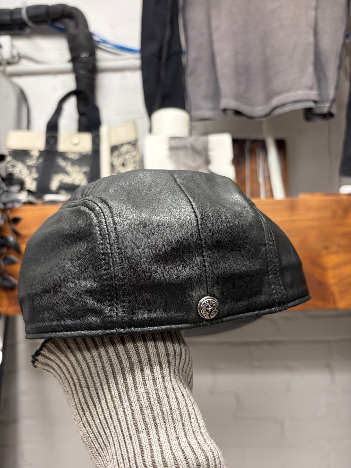 Chrome Hearts Black Lambskin Leather ‘Paperboy’ Cap with 925 Silver Hardware