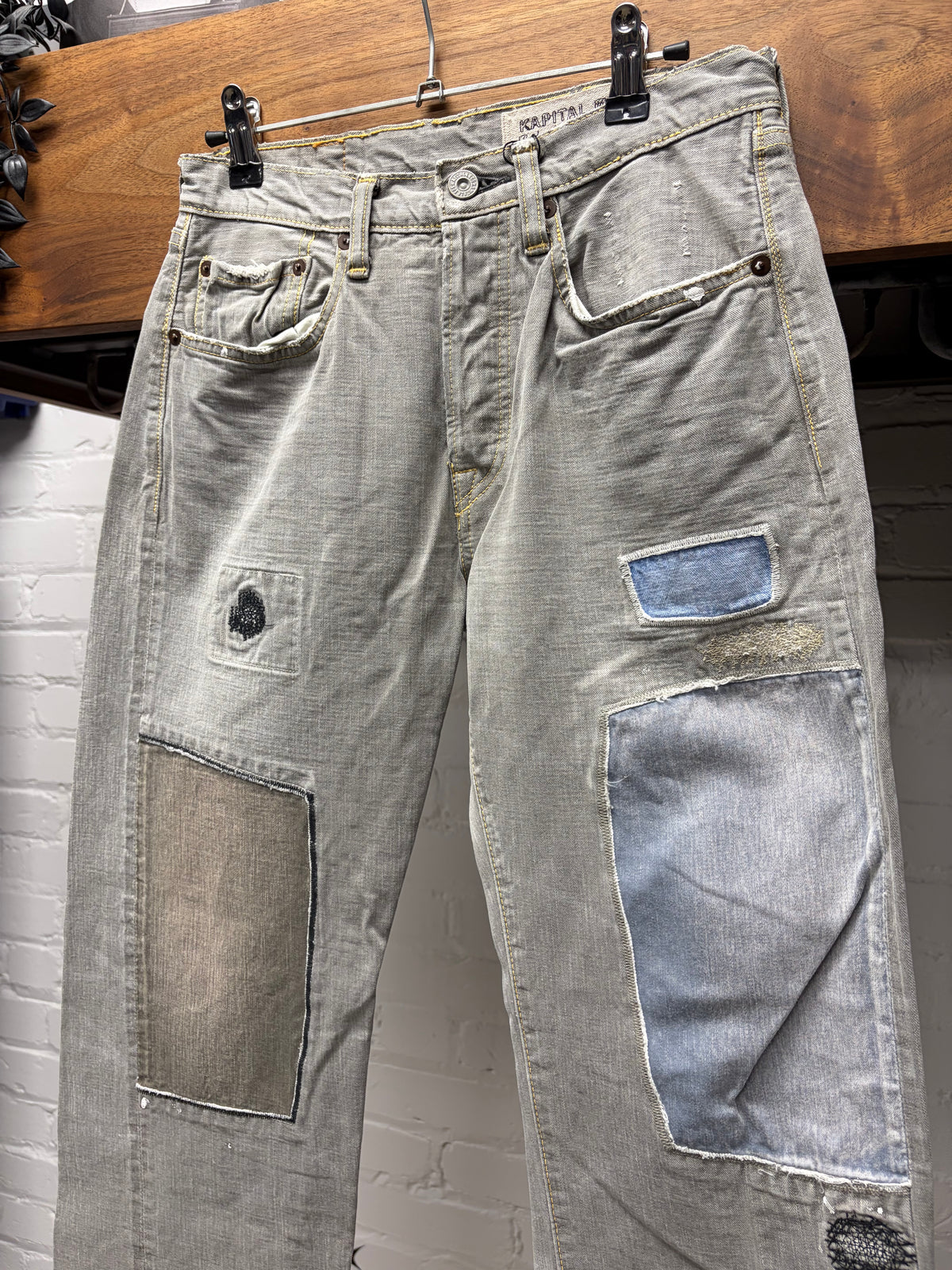 Kapital Repaired ‘Sun-Faded’ Grey Patchwork Bootcut Denim