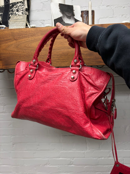 Balenciaga Crimson Red ‘City Bag’ Silver Hardware With Shoulder Strap