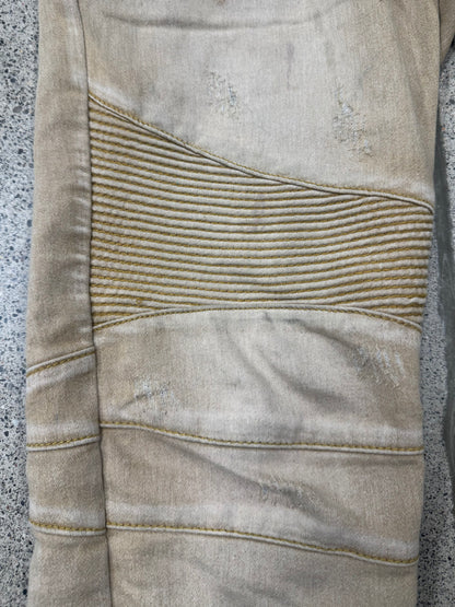 Balmain Tan Brown ‘Biker Knee’ Slim Cut Denim