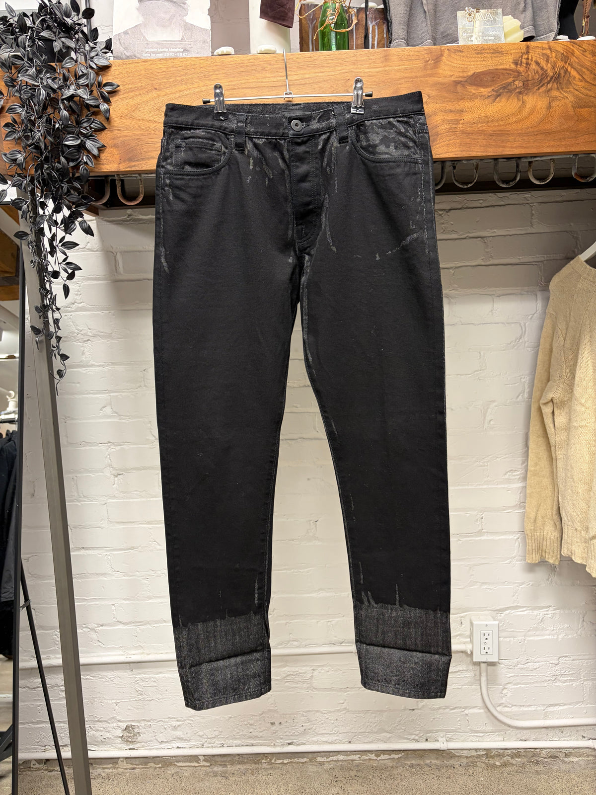 Prada Waxed Black Coated Skinny Jeans with Saffiano Patch Logo