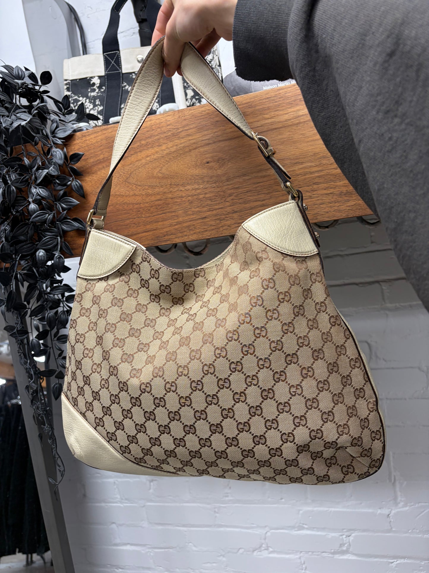 Vintage Gucci Horsebit ‘Hasler’ Brown Canvas Monogram Shoulder Bag