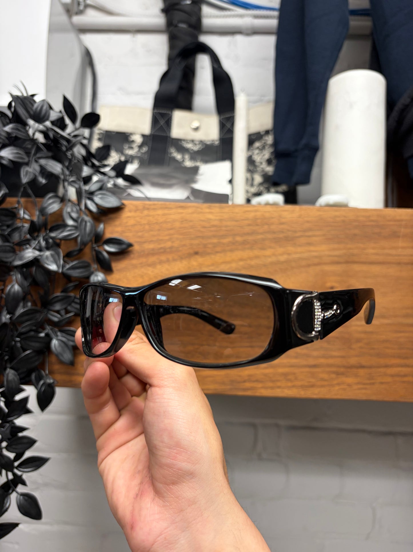 2000s Gucci Rhinestone Horsebit Logo Oval Shape Black Sunglasses
