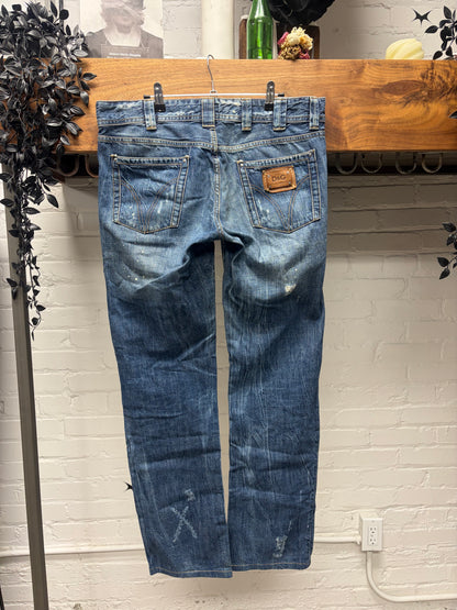 2000s Dolce & Gabbana Classic Blue Washed Bootcut Distressed Denim