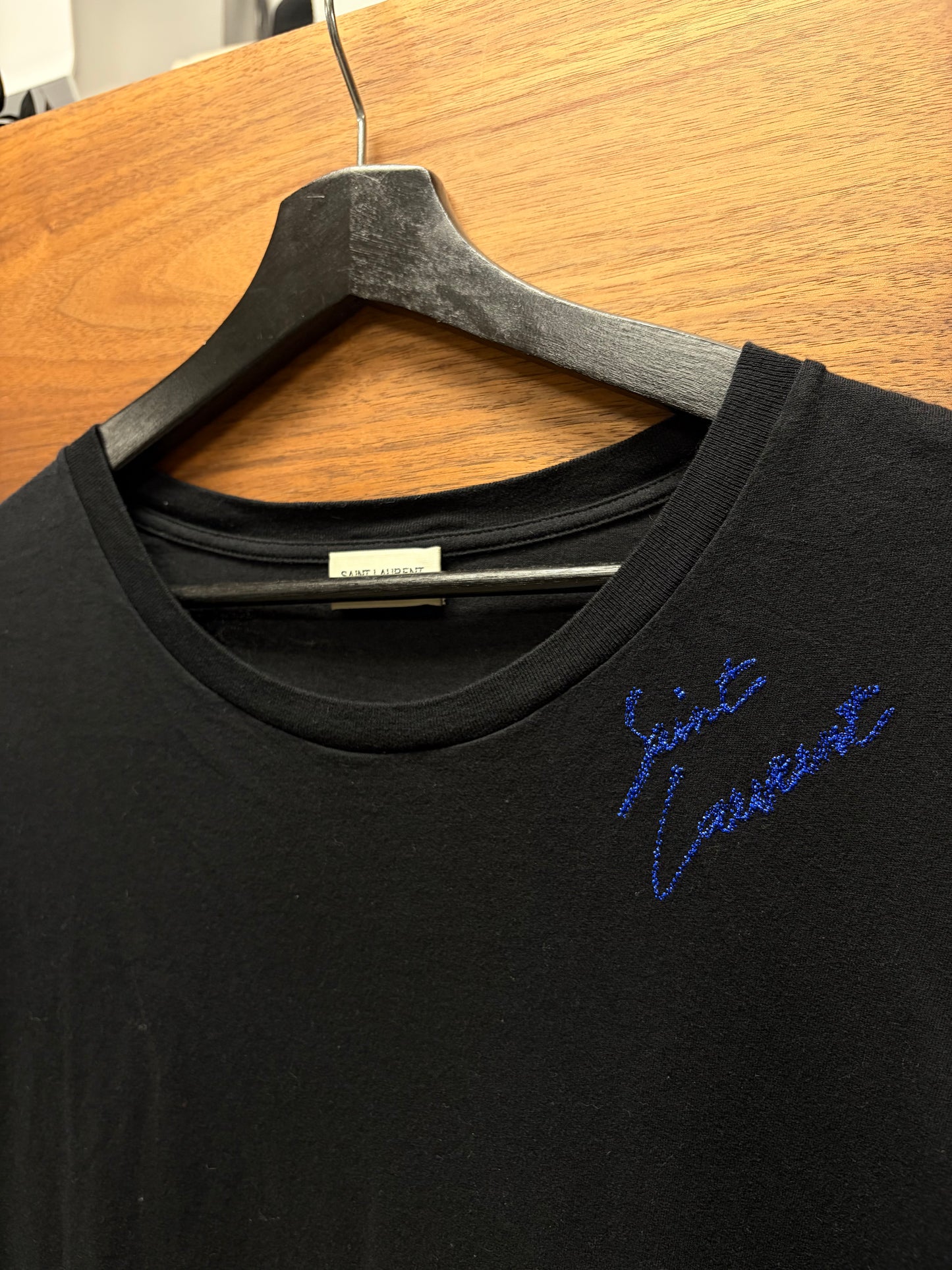 2017 Saint Laurent Blue Cursive’ Logo’ Embroidered Black/Blue T-Shirt