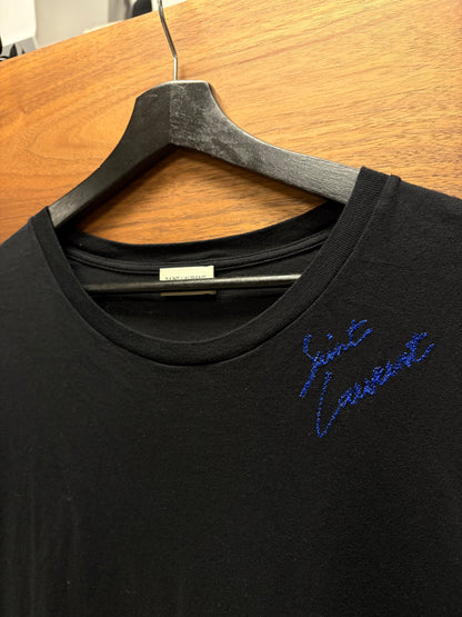2017 Saint Laurent Blue Cursive’ Logo’ Embroidered Black/Blue T-Shirt
