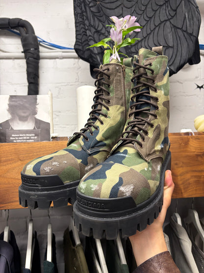 Balenciaga Camouflage ‘Strike’ Distressed Canvas Combat Boots