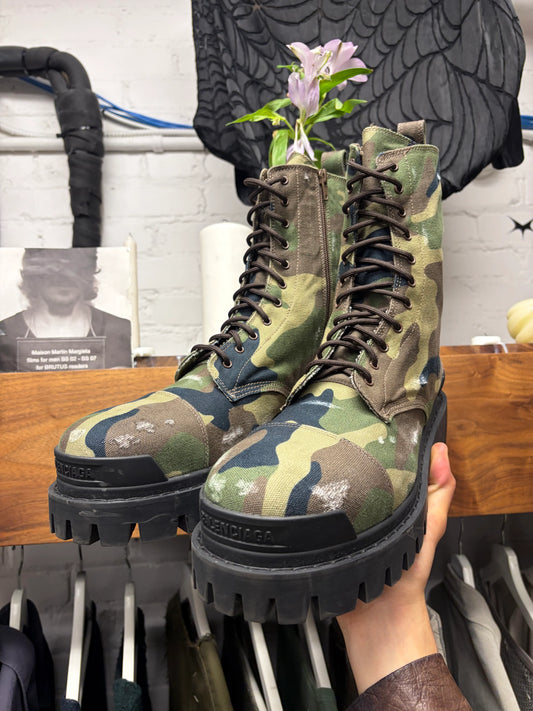 Balenciaga Camouflage ‘Strike’ Distressed Canvas Combat Boots