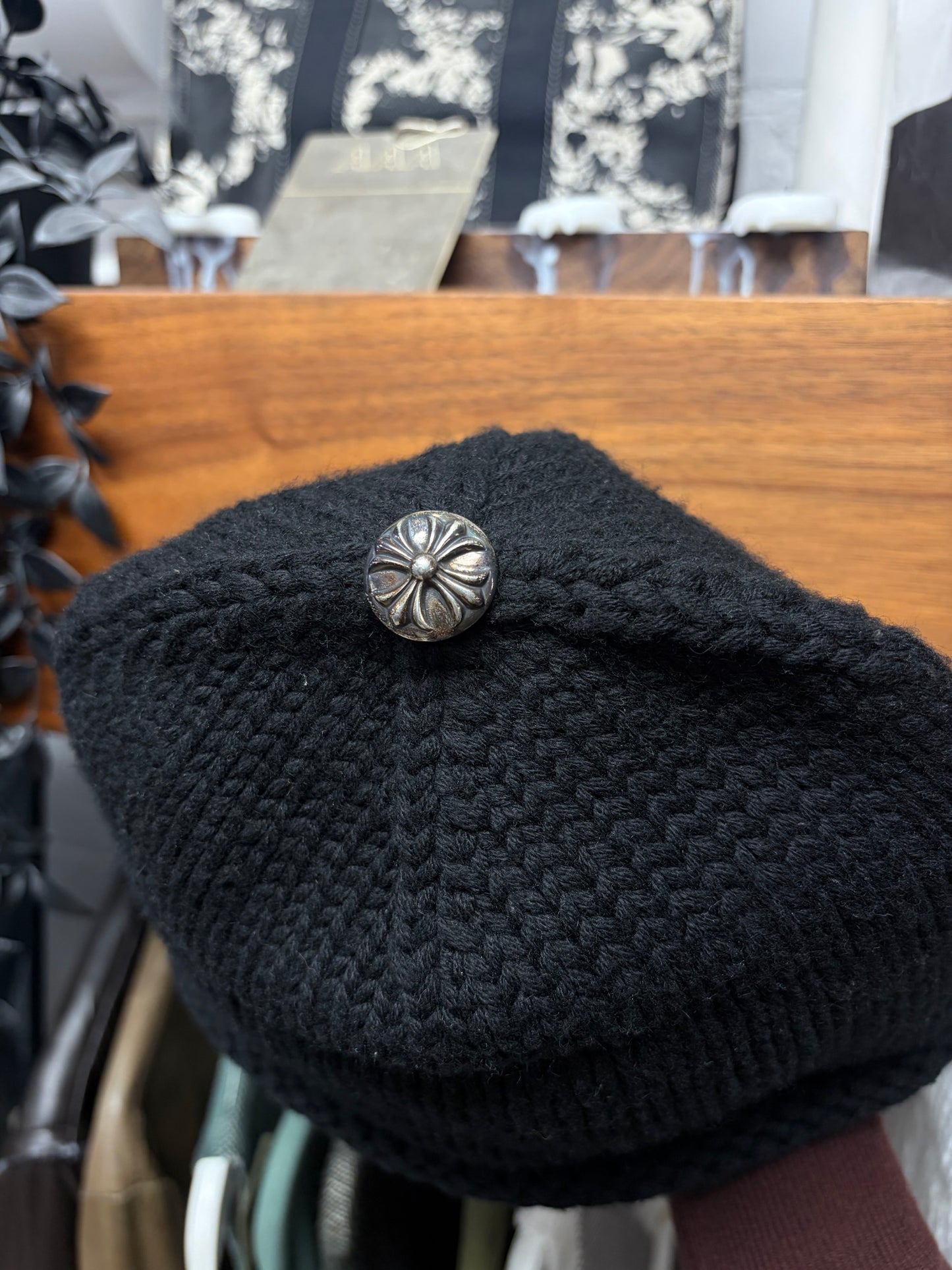 Chrome Hearts Cashmere Black Leather Cross Patch Beanie