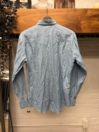Celine Light Wash Blue Pearl Button Snap Denim Shirt