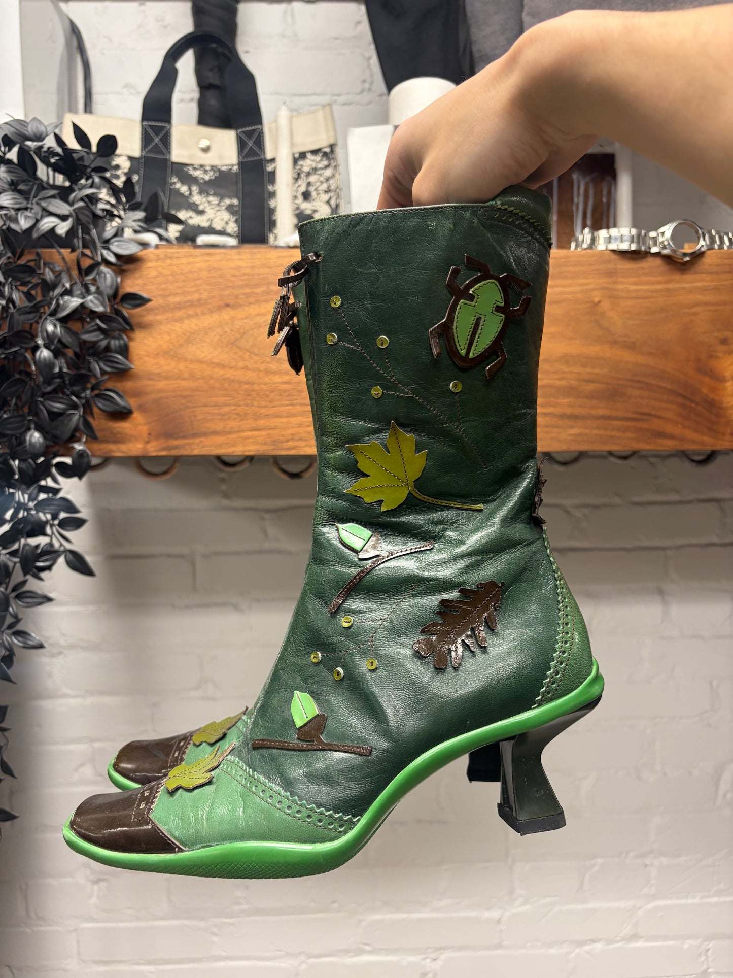AW1999 Prada Green Calfskin Leather Leaf Appliqué Ankle Boots