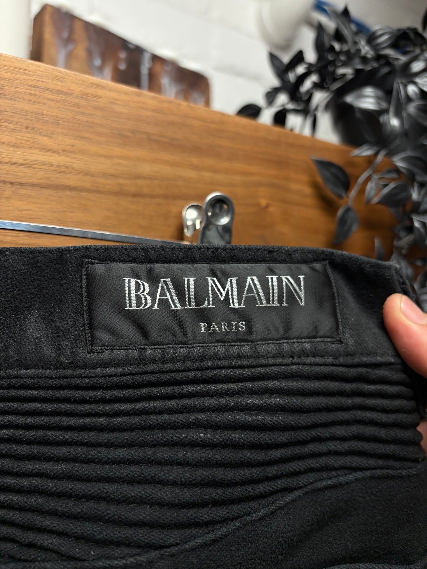 Balmain Waxed Black Moto-Knee Biker Skinny Jeans