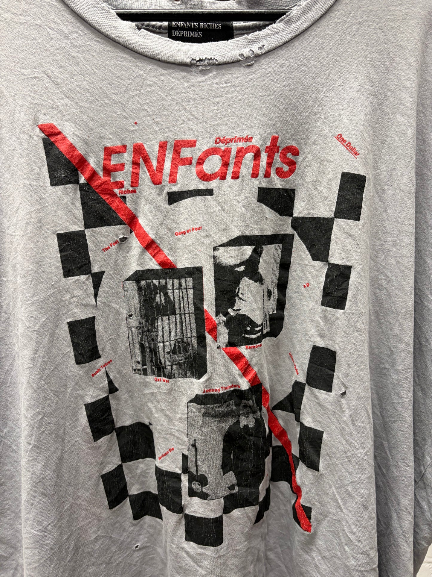SS2025 Enfants Riches Deprimes ‘Checkered Fan’ Distressed Grey Cotton T-Shirt