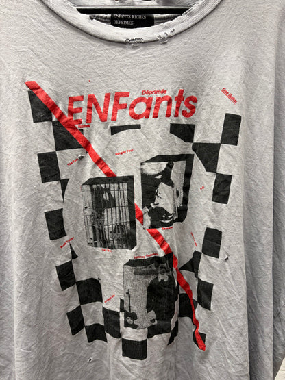 SS2025 Enfants Riches Deprimes ‘Checkered Fan’ Distressed Grey Cotton T-Shirt