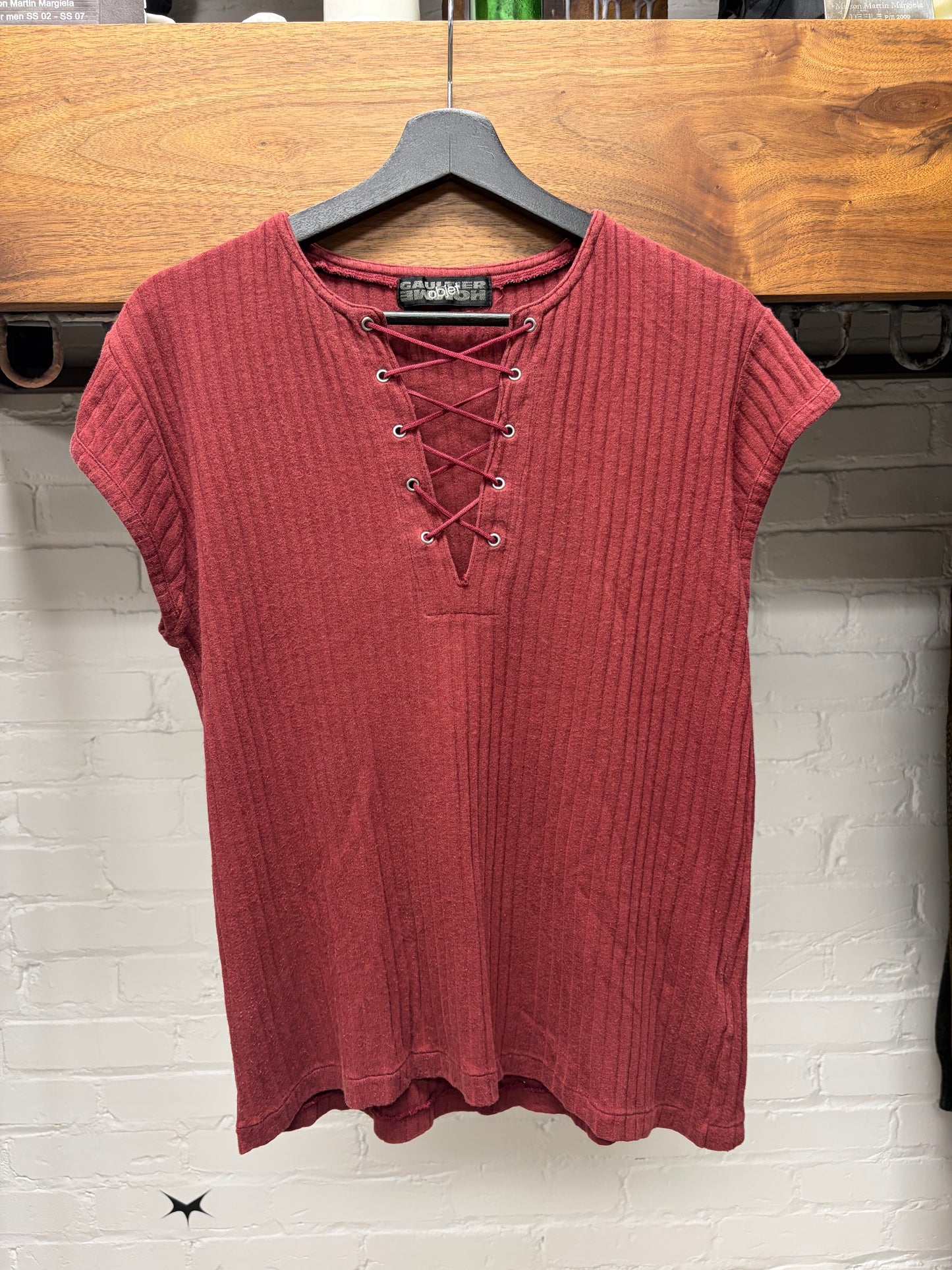 Vintage Jean Paul Gaultier Homme ‘Objet’ Ribbed Red Lace Up Short Sleeve T-Shirt