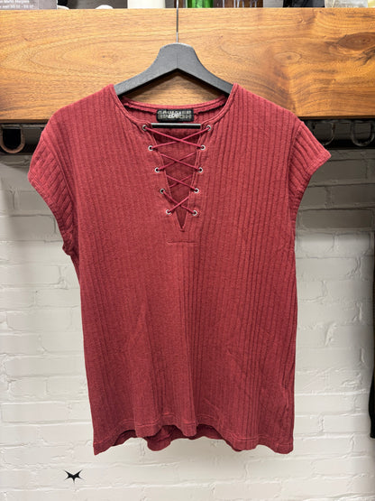 Vintage Jean Paul Gaultier Homme ‘Objet’ Ribbed Red Lace Up Short Sleeve T-Shirt