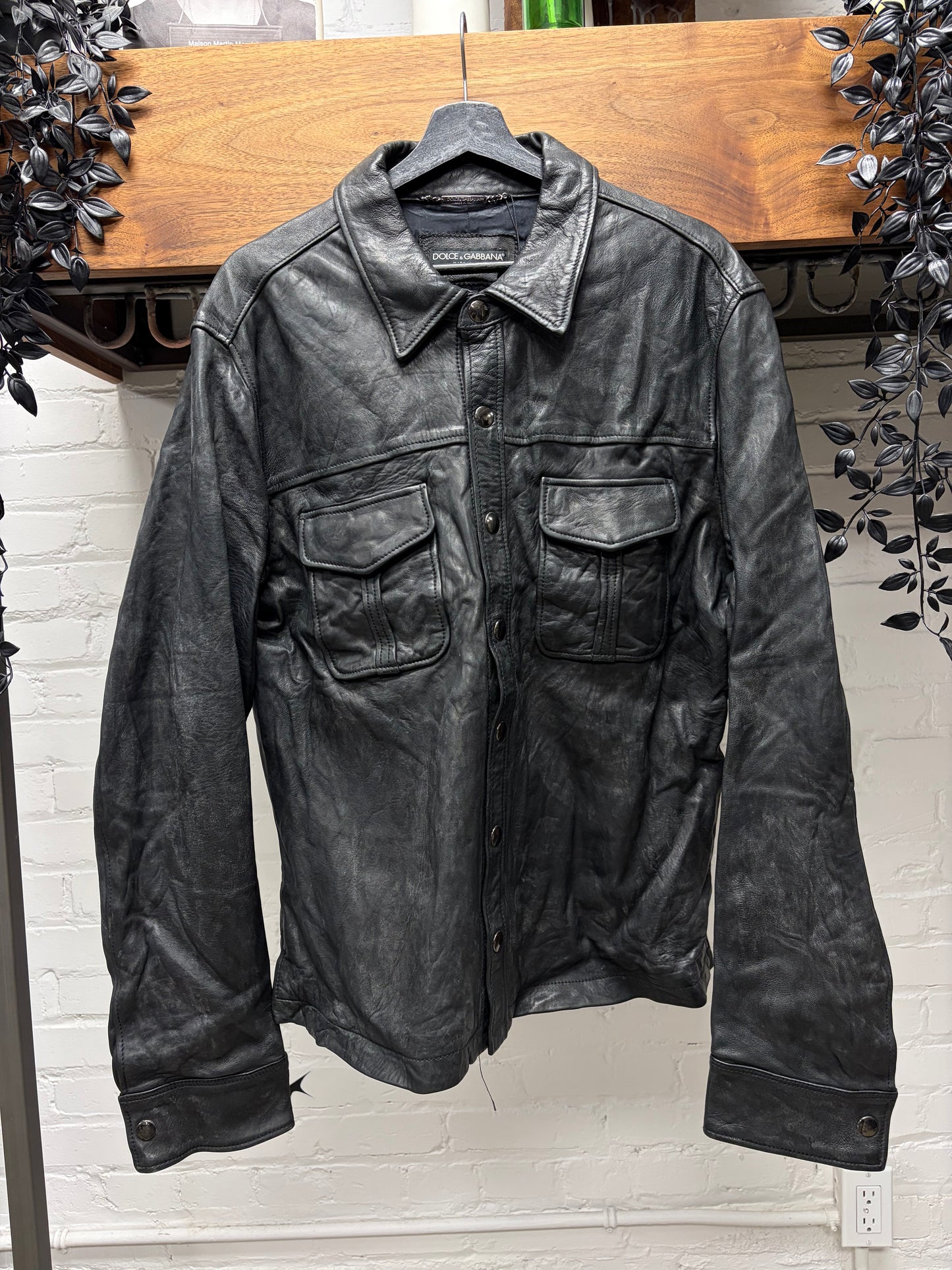 Dolce and Gabbana ‘Mainline’ Black Lambskin Leather Button Snap Jacket