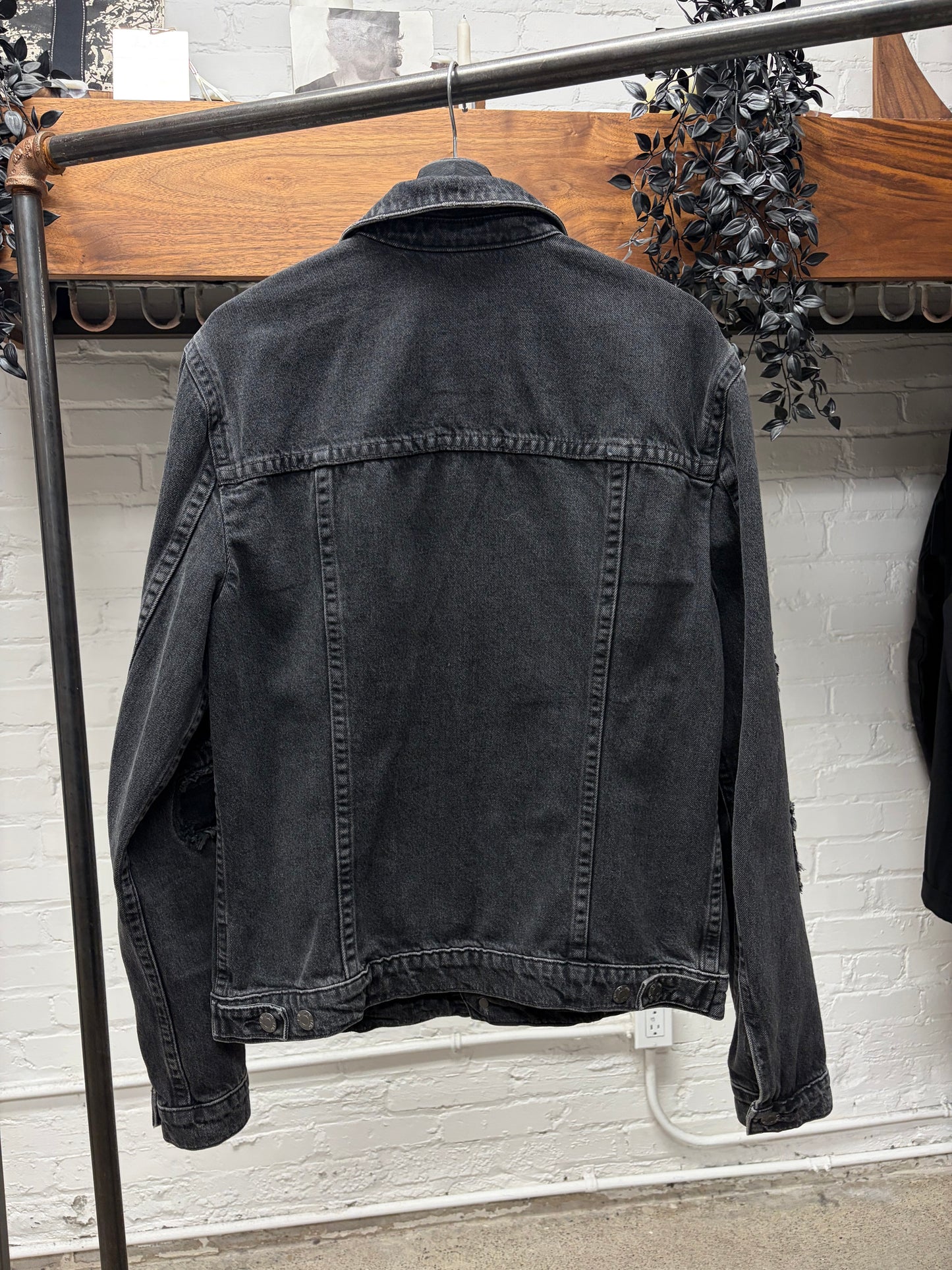 Helmut Lang Patch Repaired Black Distressed Denim Trucker Jacket