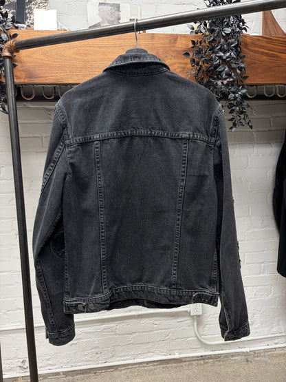 Helmut Lang Patch Repaired Black Distressed Denim Trucker Jacket
