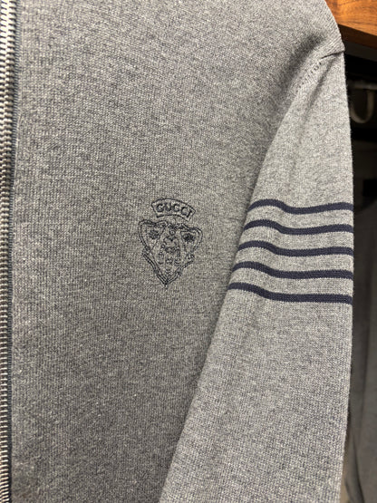 2000s Gucci by Frida Giannini ‘Varsity Crest’ Grey Wool Sweater with Navy Striping