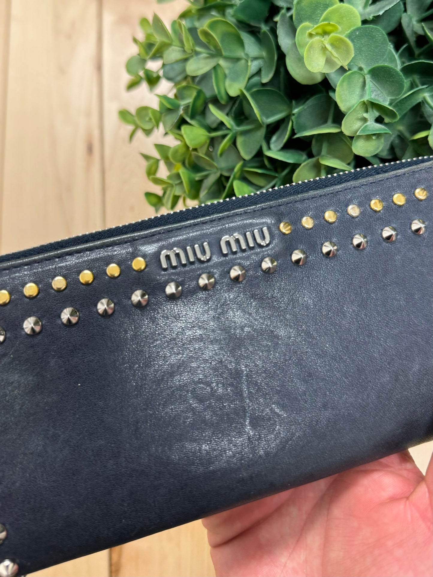 Miu Miu Studded Black Leather Long Wallet