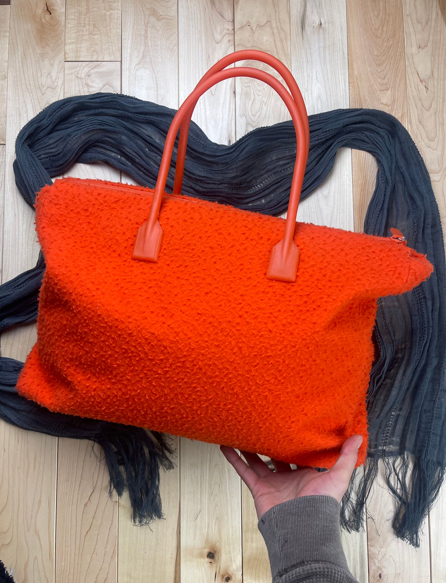 Autumn Winter 1999 Miu Miu Fuzzy Orange Enamel Handle Full Size Tote Bag