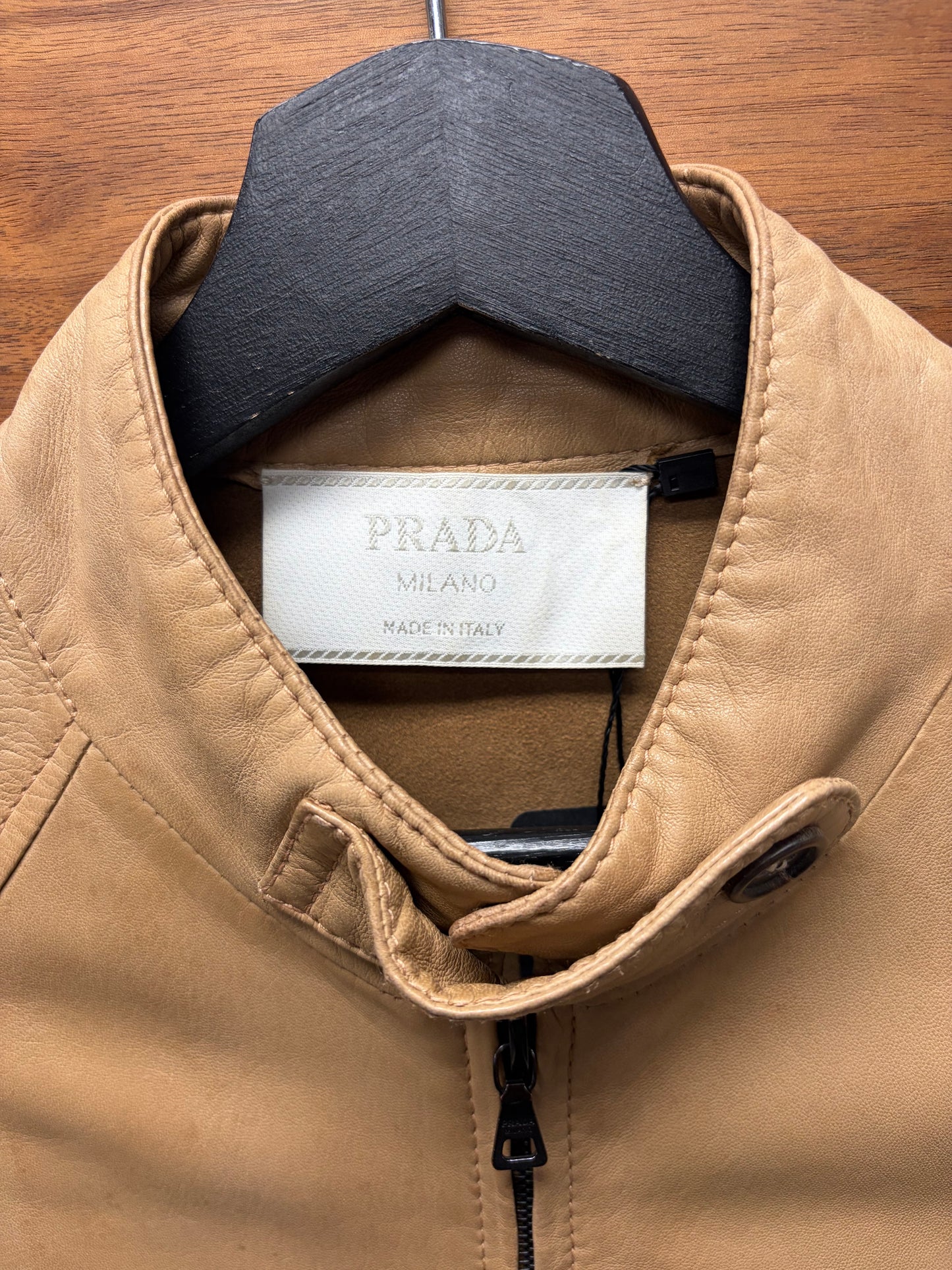 Prada Caramel Brown Lambskin Leather Moto Jacket