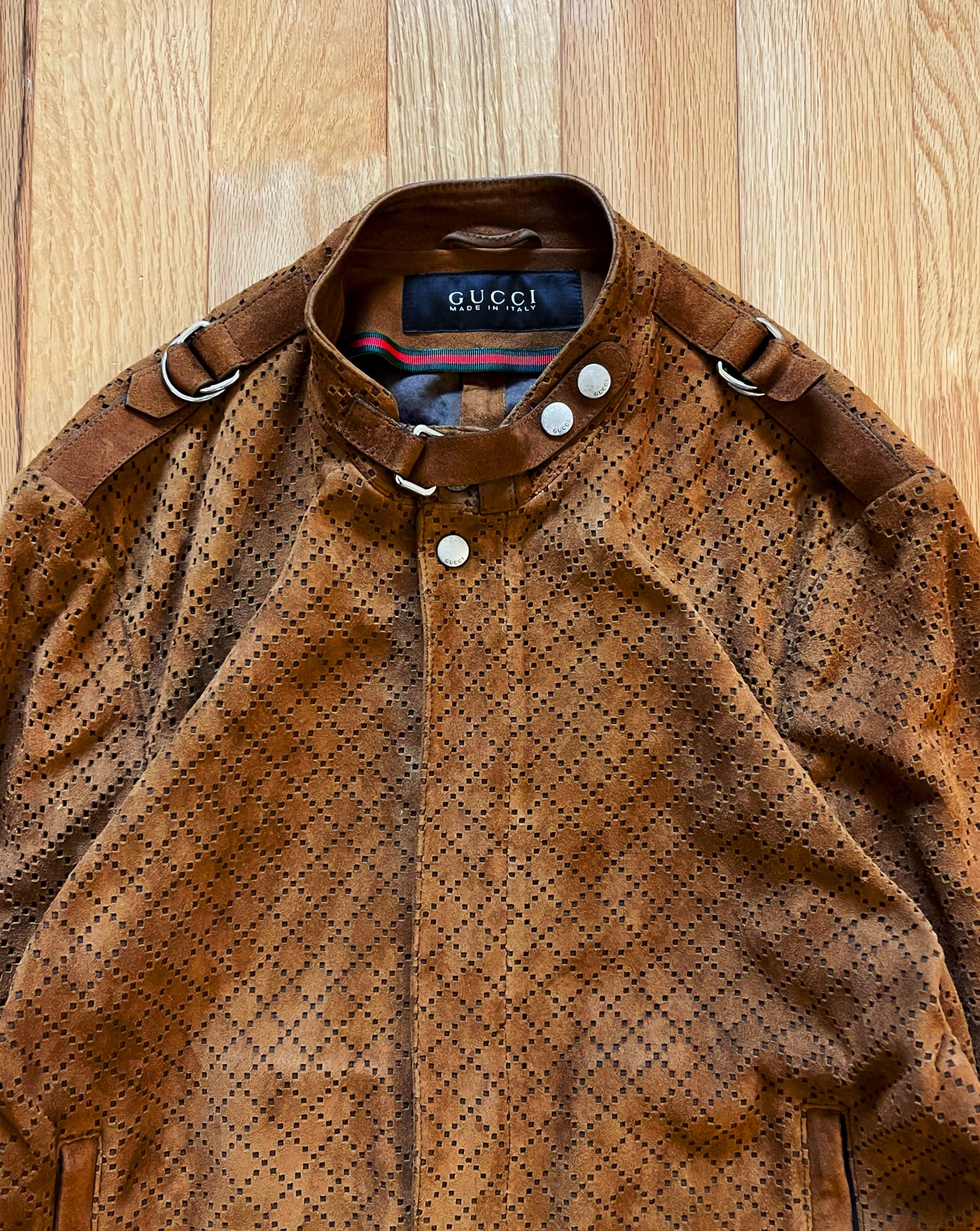 2000s Gucci ‘Diamante’ Perforated Brown Suede Biker Jacket