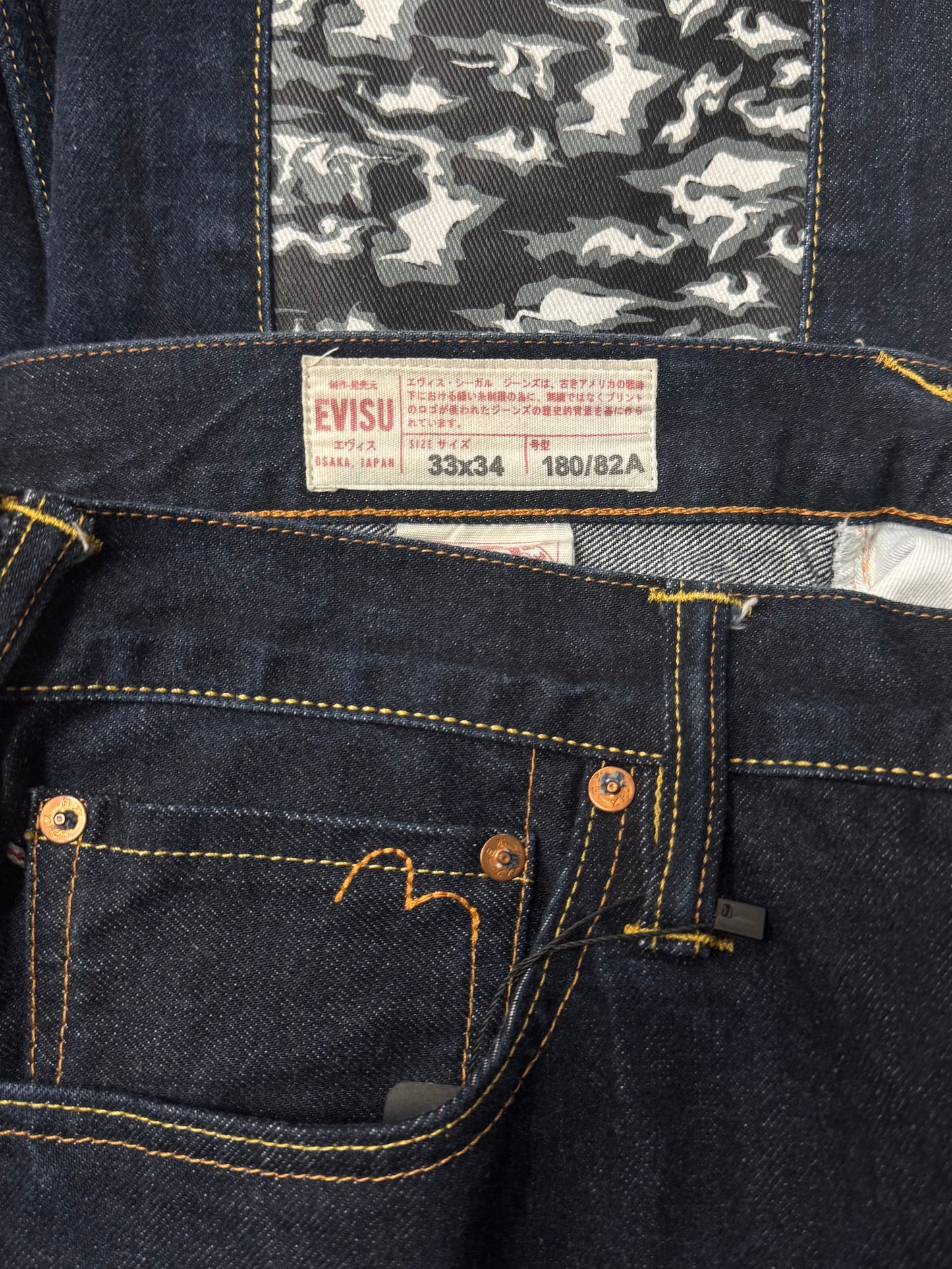 2000s Evisu ‘Daicock’ Camo Gull Logo Raw Denim