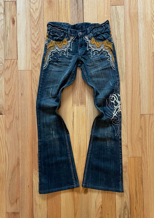 2000s Tornado Mart Black Flared Leg Embroidered Denim