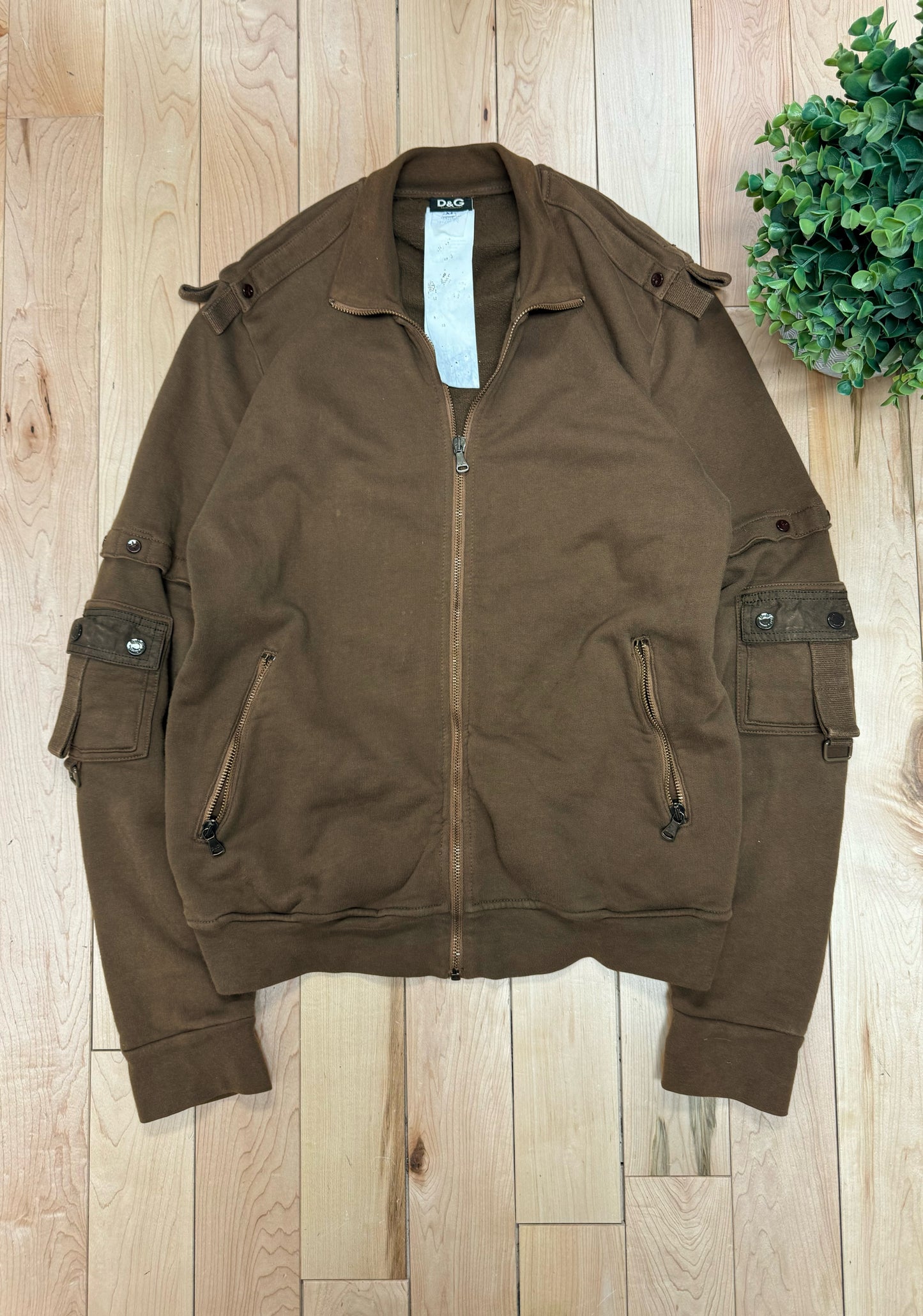 Dolce & Gabbana Military Pocket Washed Brown Zip Up Sweater