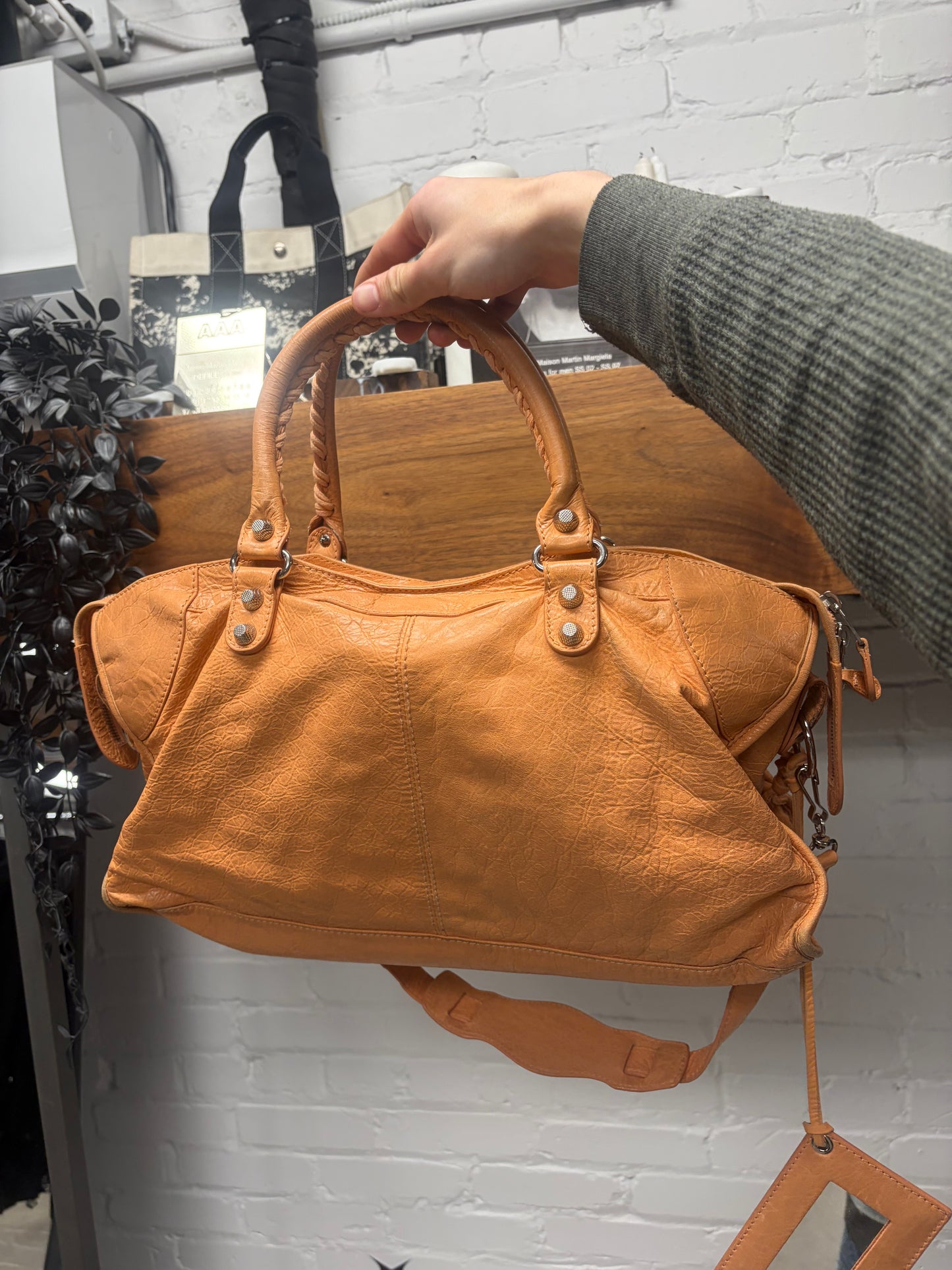 Balenciaga Papaya Orange  Lambskin Leather ‘City Bag’ with Crossbody Strap