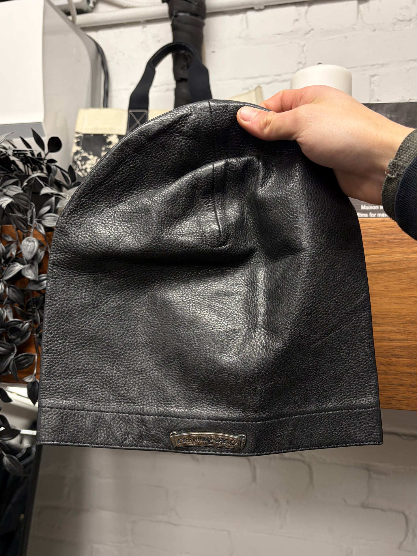 Vintage Chrome Hearts Leather Scroll Logo Biker Skull Cap