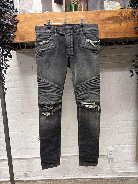Balmain Distressed Grey Moto-Knee Skinny Biker Denim