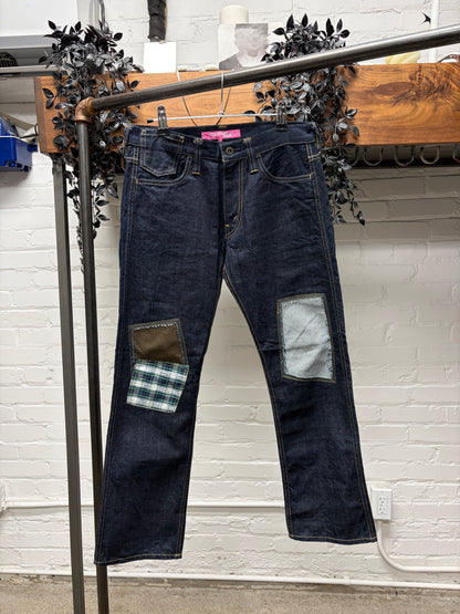 2011 Junya Watanabe Reconstructed Patchwork Raw Blue Bootcut Denim