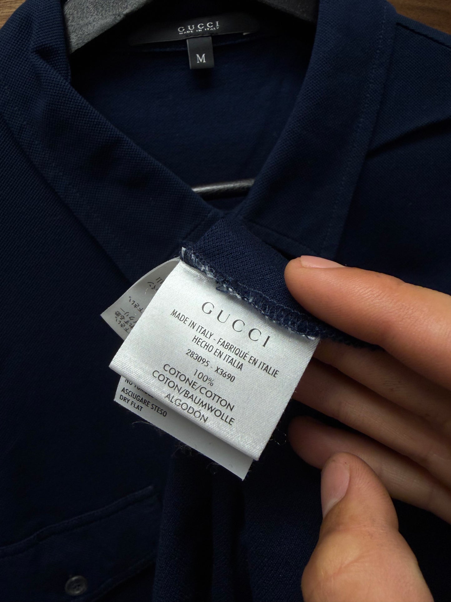 Gucci Navy Blue Polo with ‘Rolled Hem’ Color-Blocked Sleeve Polo