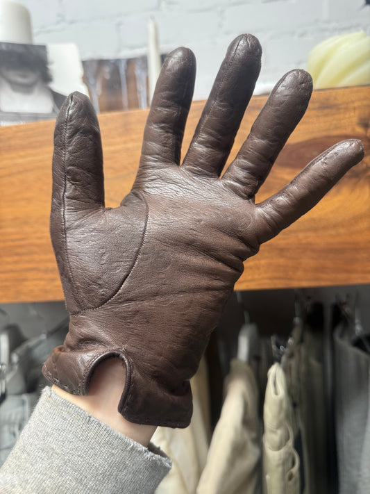 2000s Gucci Gold ‘Horsebit’ Monogram Embossed Brown Leather Gloves