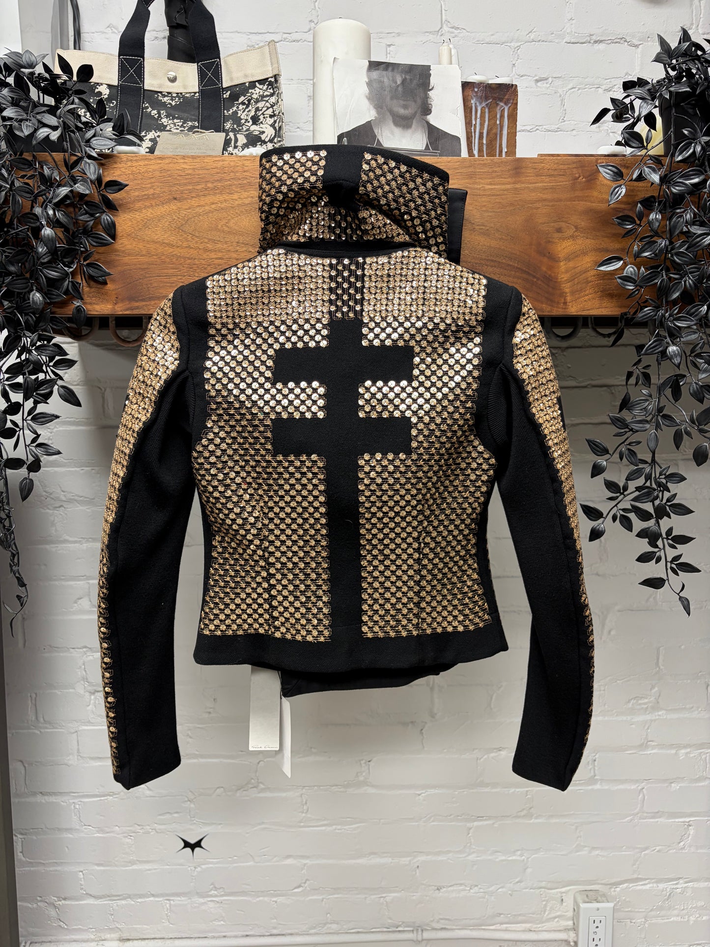 AW2015 Rick Owens ‘Sphinx’ Gold Sequin Beaded ‘Cross Back’ Biker Jacket