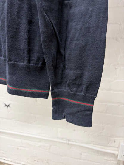 2000s Gucci ‘Stripe Logo’ Cuff Finished V-Neck Knit Sweater