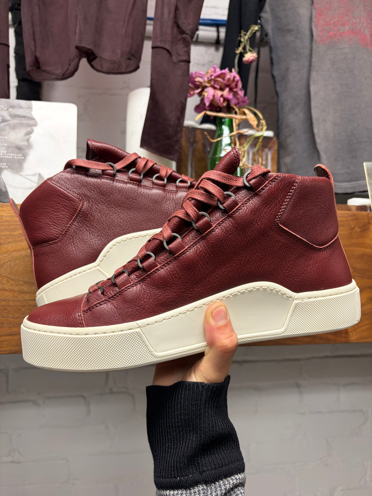 Balenciaga 'Arena' Oxblood Red Leather Platform Sole High Top Sneakers