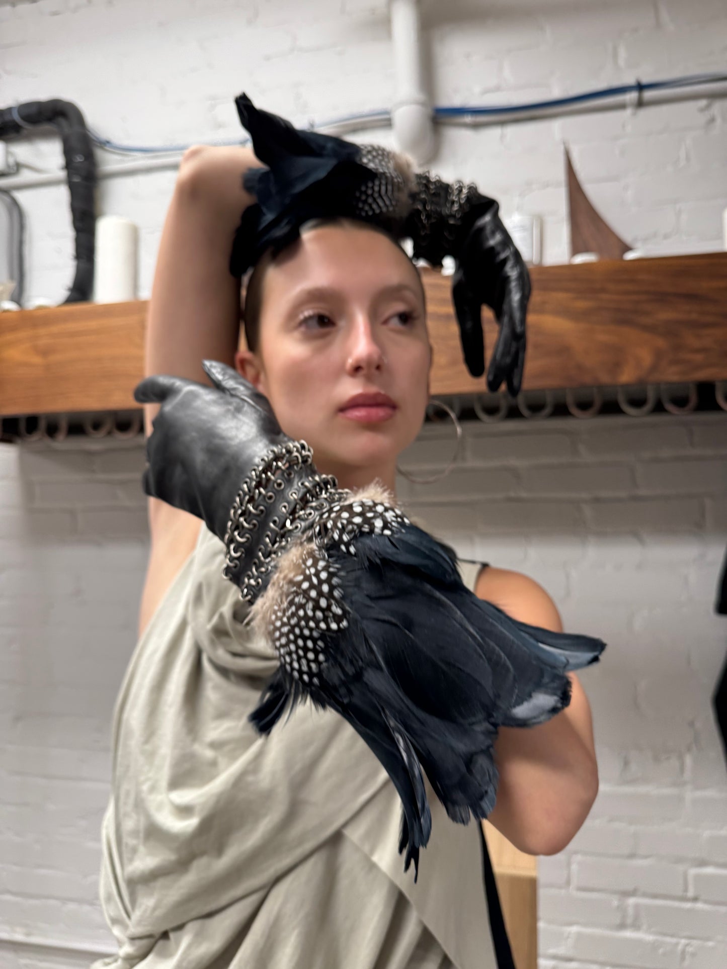 Alexander McQueen Genuine Feathers/Chain Mail Leather Gloves